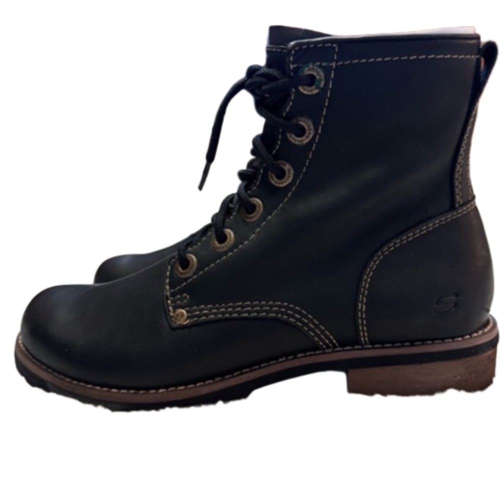 Sketchers Women’s Black Boots Size 7.5 Lace Up White Stitching NEW - Picture 7 of 13